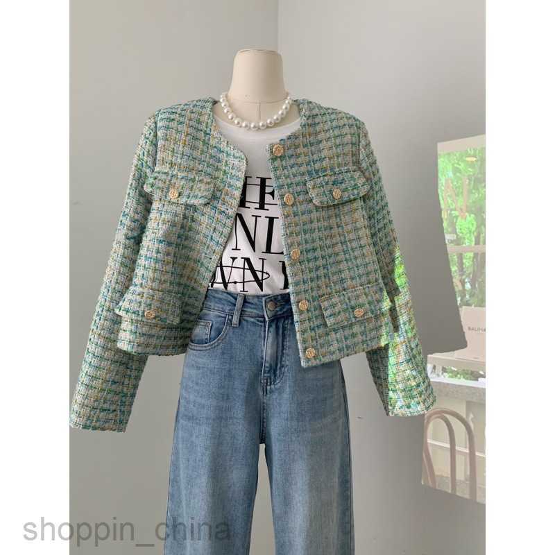 Women Jackets Coats Green checkered small fragrant coat for women's spring and autumn new style elegant lady woven short top