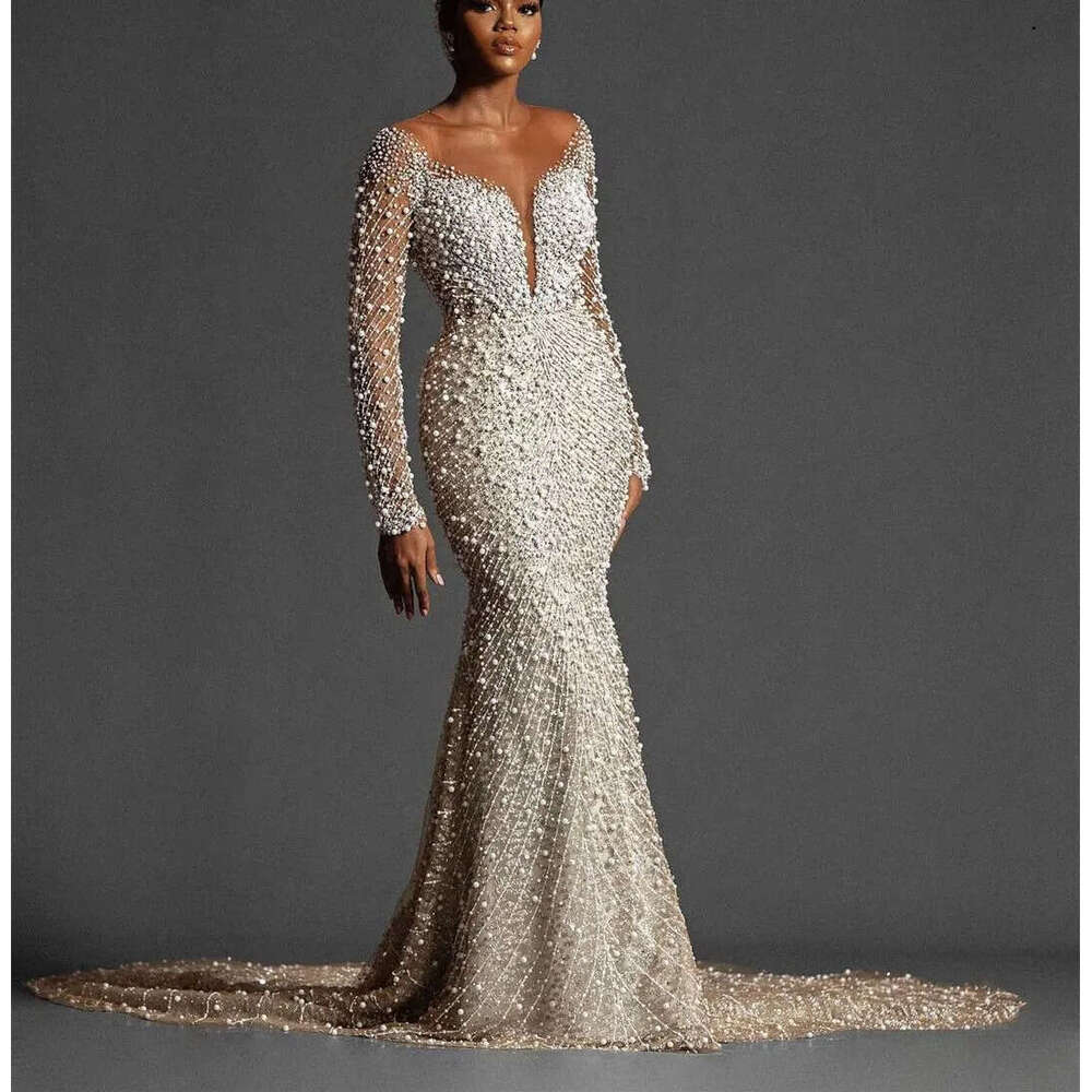 Mermaid Wedding Dresses V Neck Appliques Sequins Lace Pearls Long Sleeve Bridal Gowns
