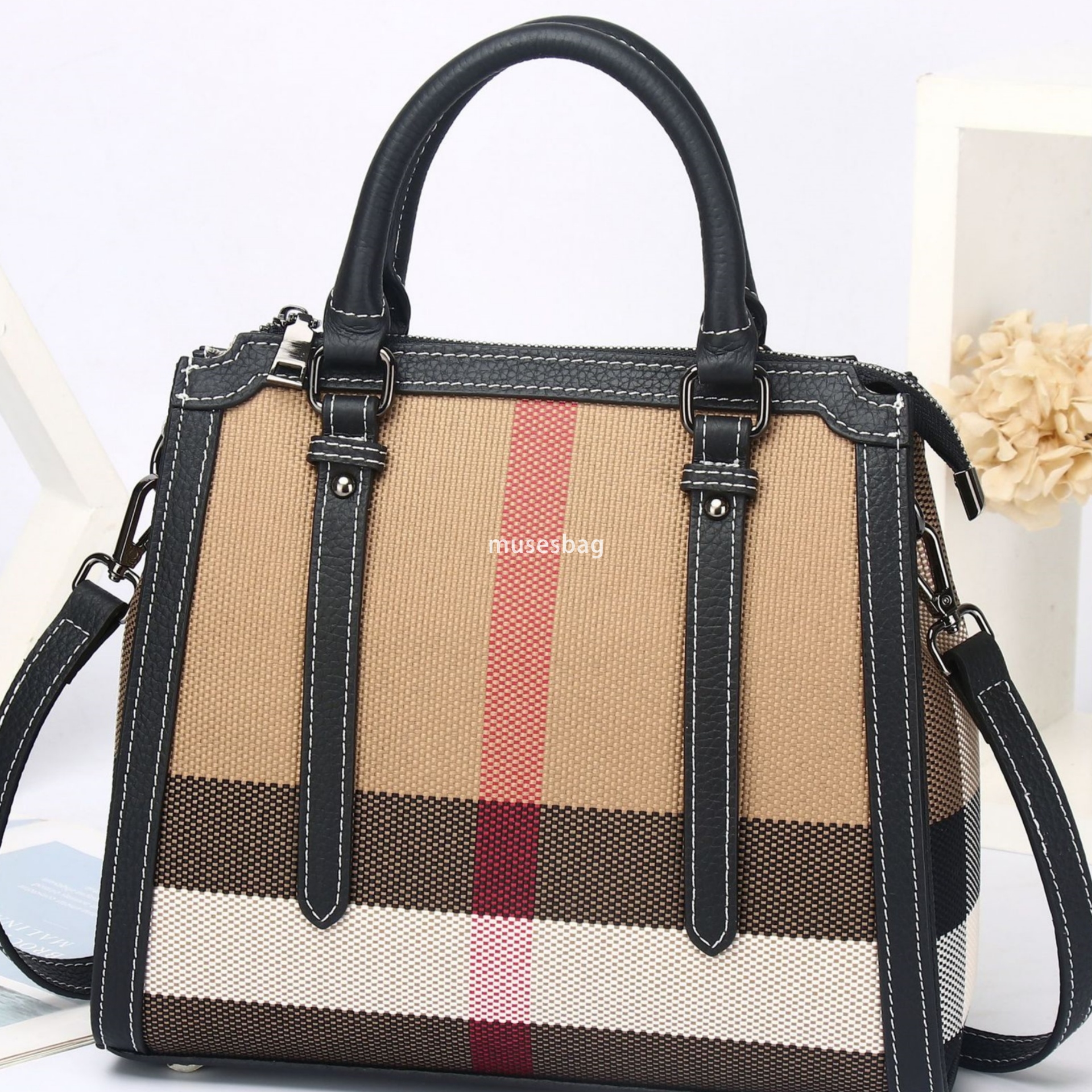 A niche design trend fashionable and casual leather women new high-end plaid canvas tote handbag large capacity crossbody bag 8c6d
