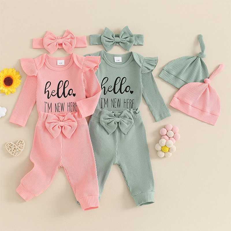 Pajamas Pixie New Baby Girls Autumn Casual 4pcs Set Long sleeved jumpsuit with ribbed pants and hat set 0-6m WX5.31
