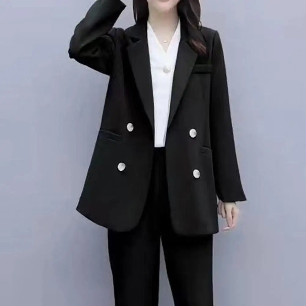 2 PcsSet Women Business Suit Turndown Collar Long Sleeve Coat Solid Color Straight Pants Formal OL Commute Jacket Trousers Set 240617wtt