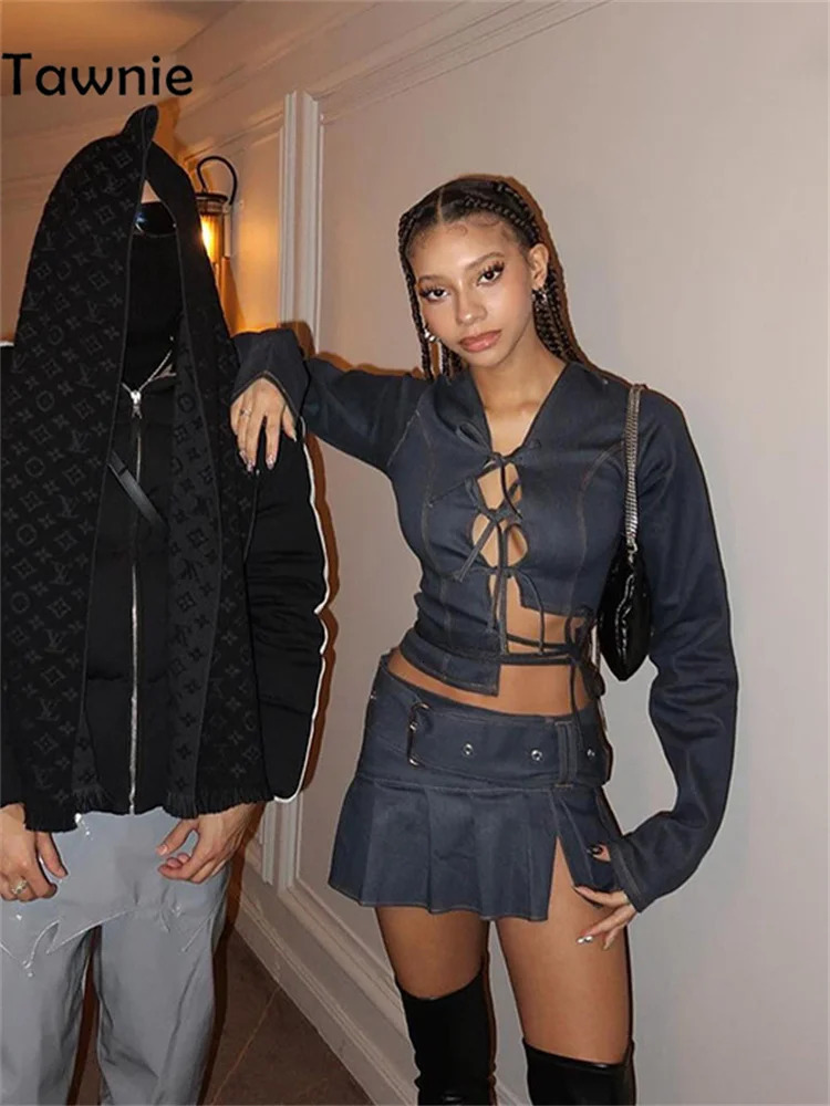 Tawnie Skirt Sets Denim Suit Sexy Crop Top And Mini Hollow Out Tie Up Split Long Sleeve Autumn Women Streetwear Club 240627