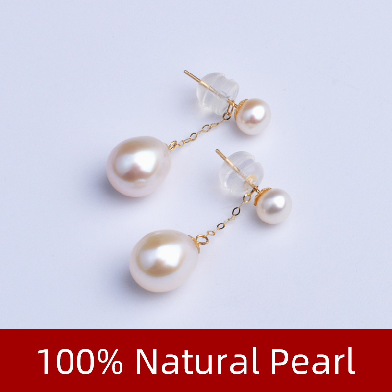 NYMPH Real 18K Gold Earrings Fine Jewelry AU750 Natural Freshwater Pearl Round Party Gift For Women Double Beads E663