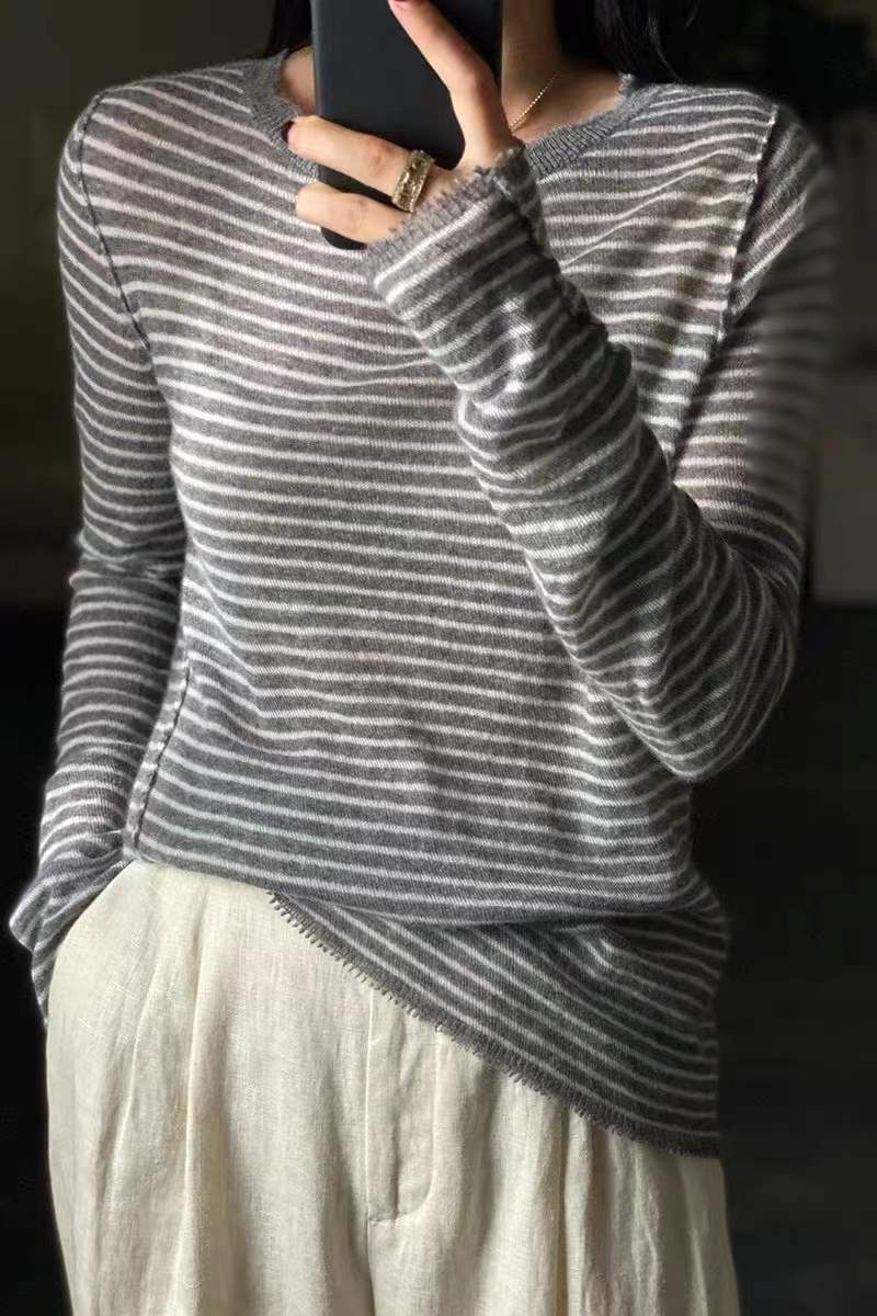 European goods 100% pure wool female spring autumn thin crewneck striped knit cashmere sweaterF6.28#50