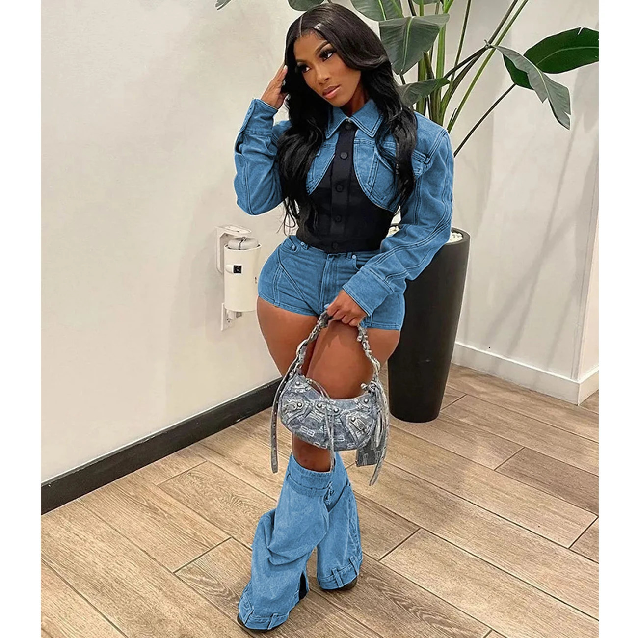 Sexy Denim Jean 2 Piece Matching Pant Set Outfits Summer Women Clothes Y2K Biker Shorts Suits Sets Cropped Tops Tracksuit 240627