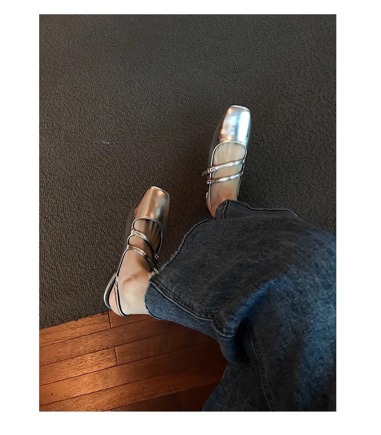 French Low-Heeled Sier Mary Jane Shoes Square Toe Block Heel Sandals Women's Empty Back Sliver