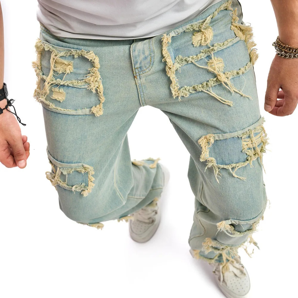 Retro Style Men Ripped Patch Splicing Motorcycle Loose Jeans Pants Male Solid Stylish Casual Straight Biker Denim Trousers 240619