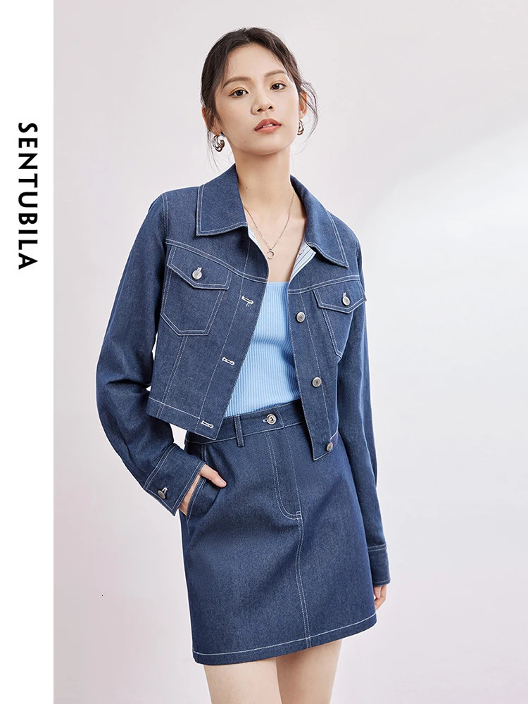 SENTUBILA Hong Kong Style Denim Set Lapel Cropped Jacket Aline Mini Skirt Spring Casual Womens Jean Suit W41Z53840 240627