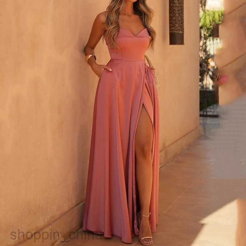 Basic Casual Women Dresses Women's Summer New Sexy Shoulder Strap Split Solid Color Dress