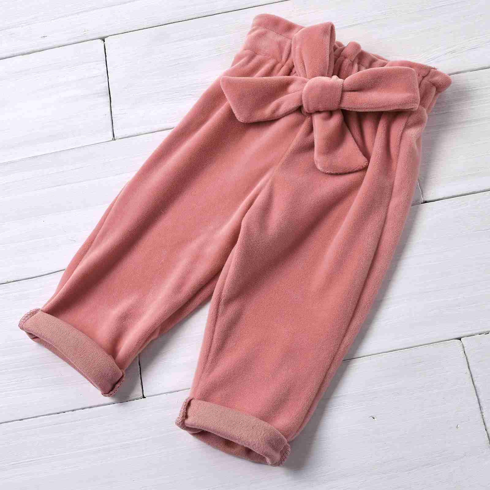 Pajamas 2PC Solid Pink Flight Sleeves for Boys and Girls in Autumn and Winter Season Solid Trousers with Bow WX5.31