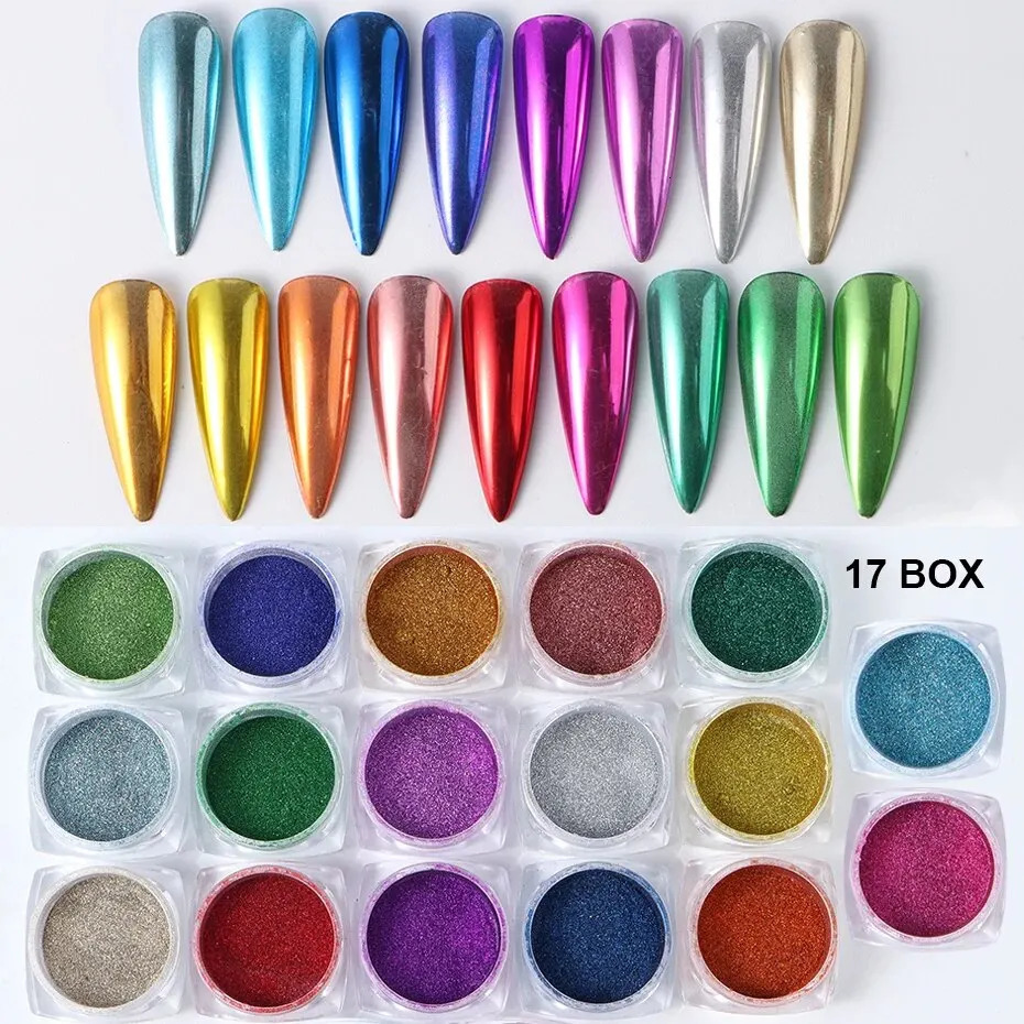17 Colors Metallic Chrome Nail Powder Set Gold Silver Magic Mirror Glitter Nail Rubbing Pigment Flakes For Y2K Nail Art Decor 240627