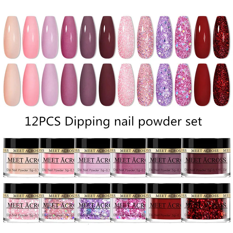MEET ACROSS Glitter Dipping Powder Nail Kit Dipping Nail Powder System Set Dust Natural Dry Nail Art DIY Decoration For Manicure 240627