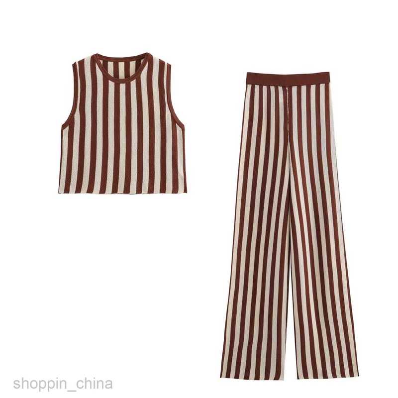 Women's Two Piece Sets Pants Small Fragrance Style Celebrity Knitted Fashion Set Women's Stripe Top Casual Wide Leg Pants Two Piece Set B8
