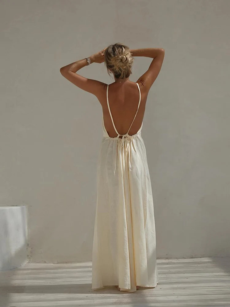 Women Sexy Solid Backless Lace Up Sling Long Dress Elegant Round Neck Sleeveless Loose Robes Casual Lady Vacation Beach Wear 240627