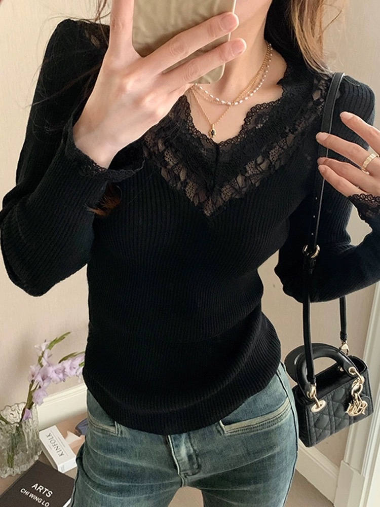 Temperament lace splicing V-neck fine wool knitted base for women's spring and autumn slimming pit pullover sweater F6.28#78