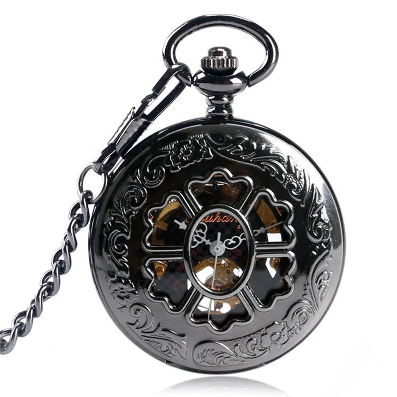 Steampunk Hollow Out Flower Case Men Women Handwinding Mechanical Pocket Watch Roman Number FOB Pendant Chain Relgio de bolso 240626