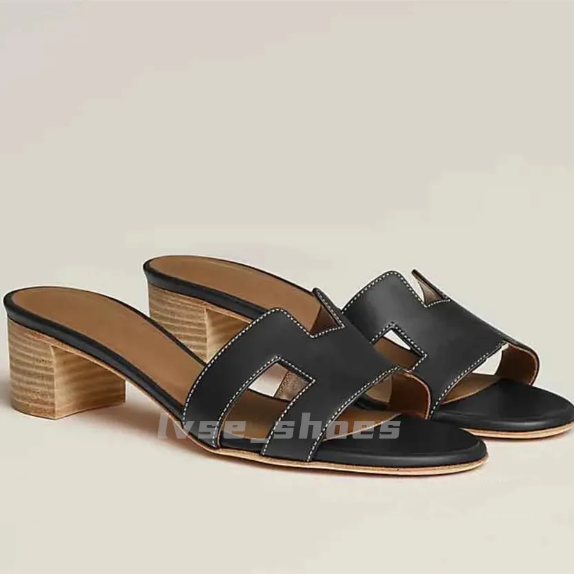 Women's Slippers Low Heel Designer Sandals Black High Quality Low Heel Calf Leather Summer Beach Slippers