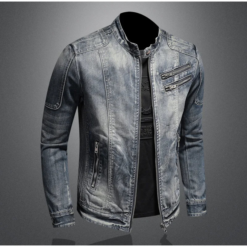 American Jeans Jacket Men Oneck Oversized Vintage Moto Denim Casual Men Outwear Autumn Patchwork Zipper High Street Male Coat 240618