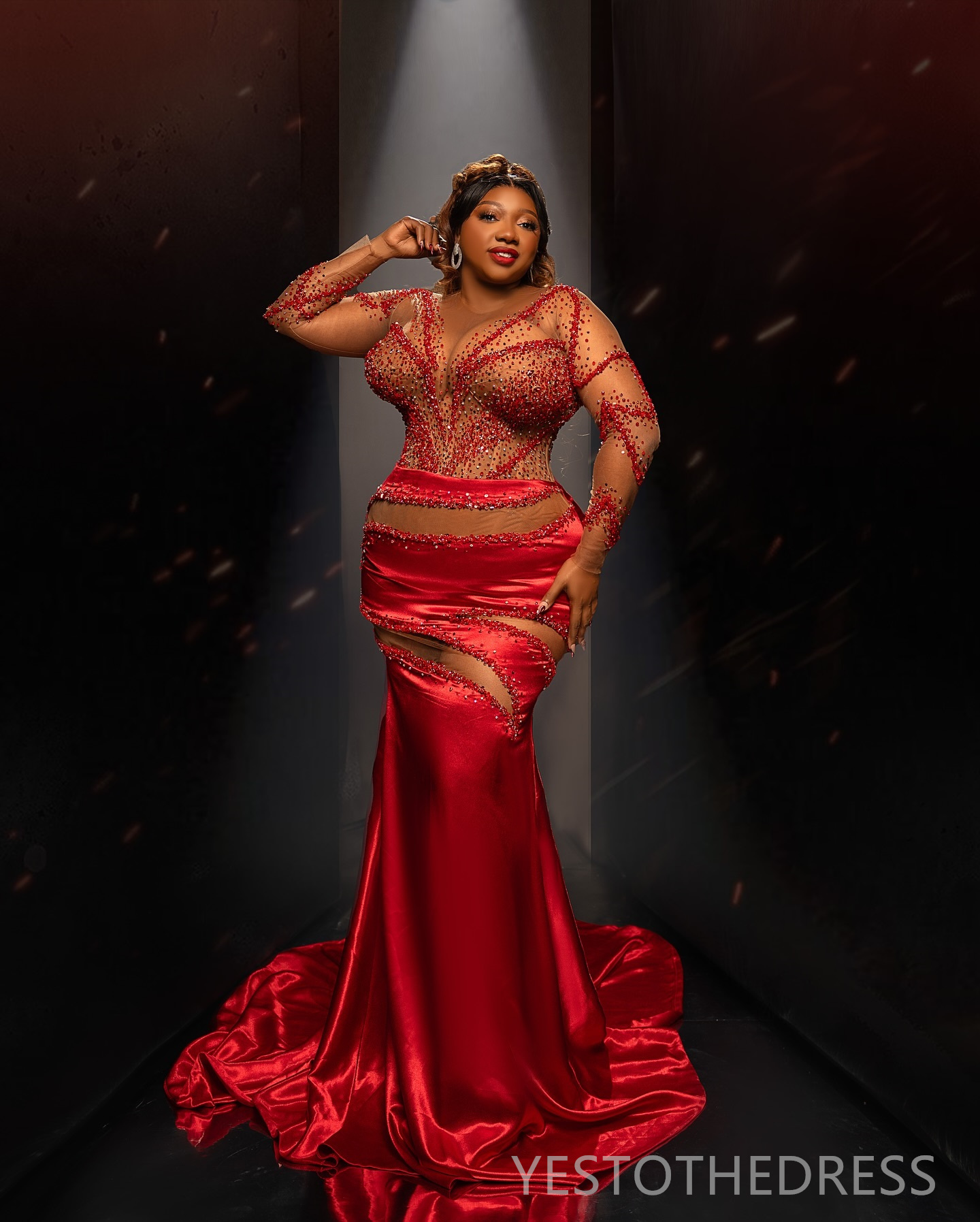 R&W 2024 Plus Size Red Prom Dresses for Special Ocns Mermaid Promdress Long Sleeves Sheer Neck Beaded Birthday Dress Engagement Second Reception Gowns