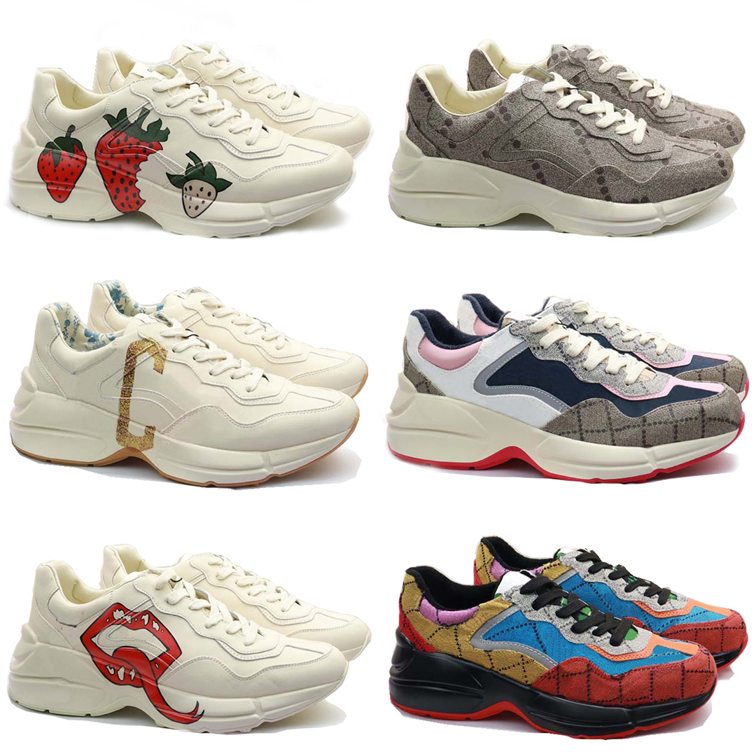 Designer Rhyton Casual Shoes Sneakers Ladies Shoe Trainers Luxury Vintage Chaussures Navy Black Beige Men Women Fashion Shoeswave Mouth Leather Sneaker