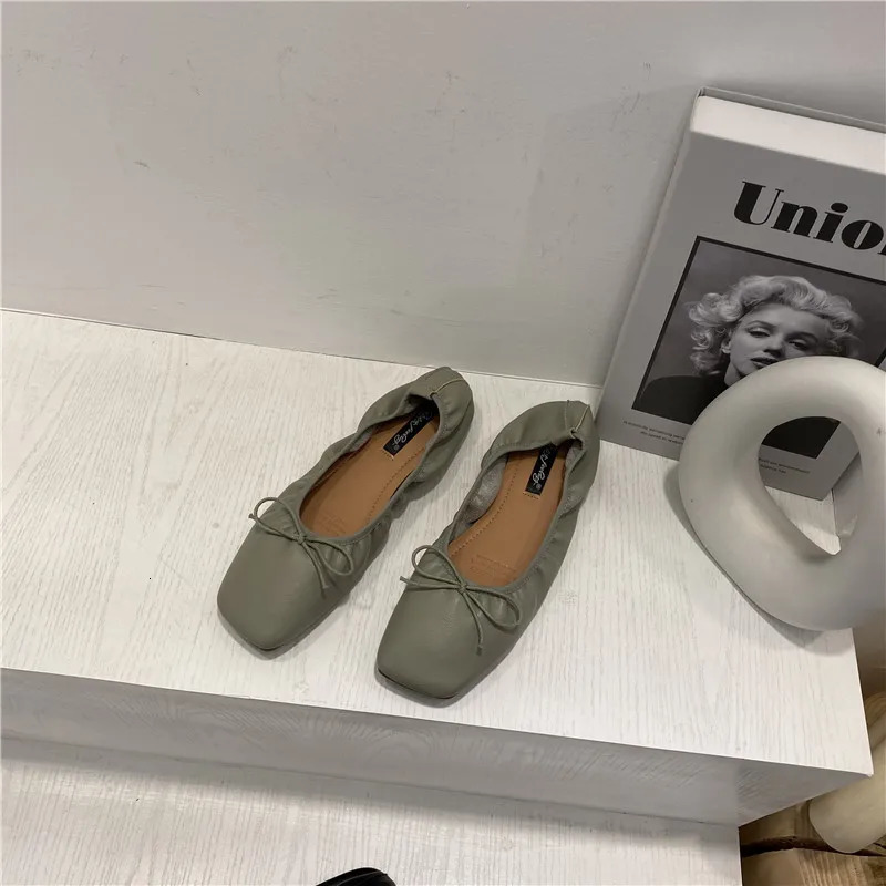 Bow-Knot grandma shoes women ballerina shallow loafers elastic pleated ballet flats woman square toe soft botton moccasins femme 240627