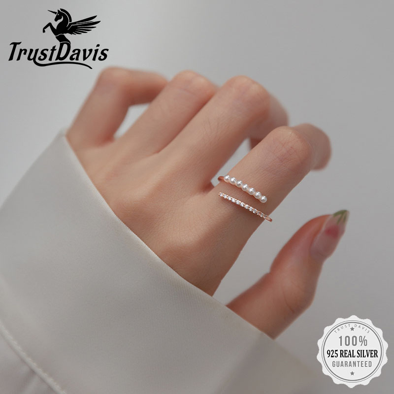 TrustDavis Real 925 Sterling Silver Sweet Freshwater Pearl Dazzling CZ Rings For Women Wedding Birthday Gift Fine Jewelry DE0011