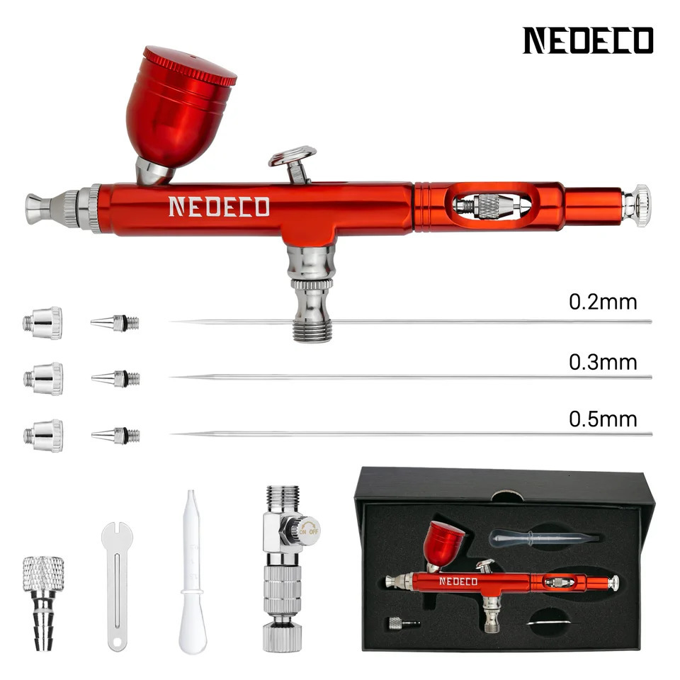 Neoeco Airbrush Kit Dual-Action Gravity Air Brush Gun with 3 Nozzle Sets Aluminum Spray Gun for Makeup Nail Art Painting Model 240627