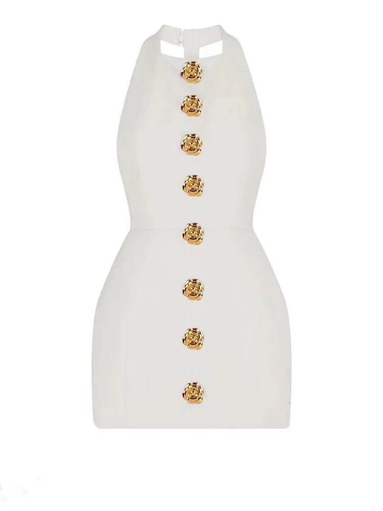 Summer Elegant Women Rose Short Party Dress Chic Halter Backless Sleeveless Mini Holiday Lady Evening Vestidos White 240627