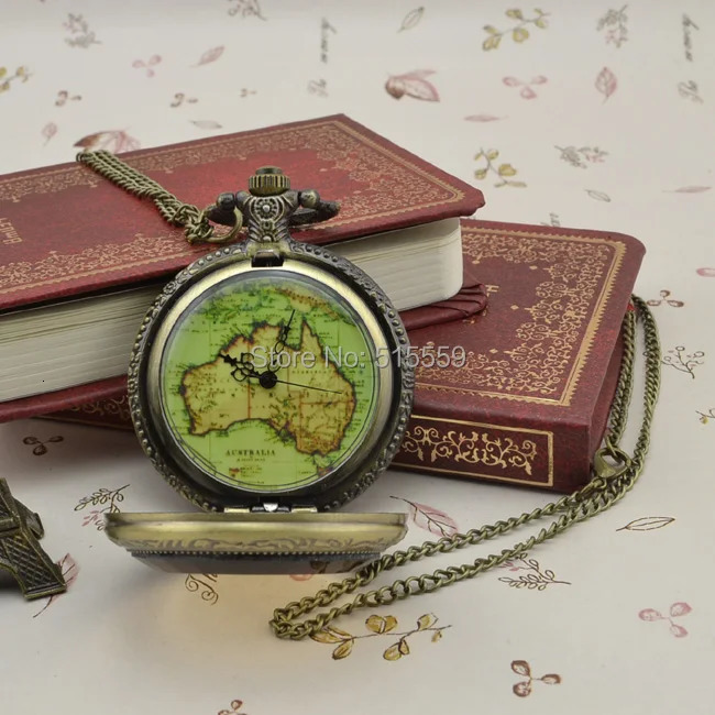 50pcs/lot Map Print Pocket Watch High Quality Quartz Watch Necklace Gift Watch Factory Price Wholesale 240626