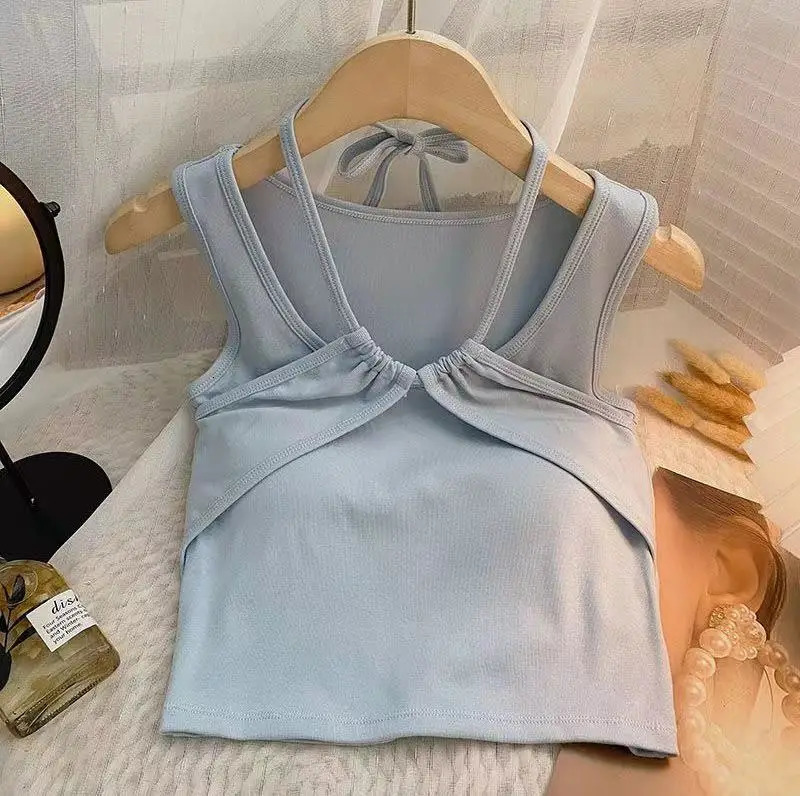 teenage girls halter tank top hanging neck camisole crop top vest kids clothes underwear pleated streetwear 3 to 16 yrs 240627