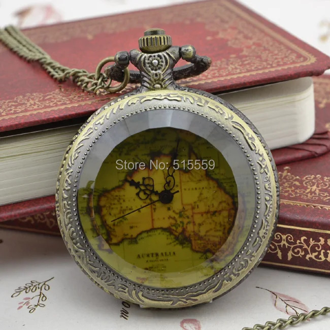 50pcs/lot Map Print Pocket Watch High Quality Quartz Watch Necklace Gift Watch Factory Price Wholesale 240626