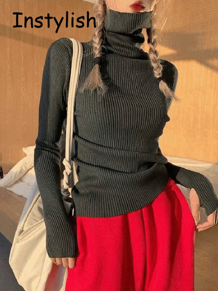 Women Vintage Y2K Turtleneck Sweater Finger Hole Elegant Slim Knitted Pullover Korean Harajuku Jumper Autumn Winter Basic Tops 240627