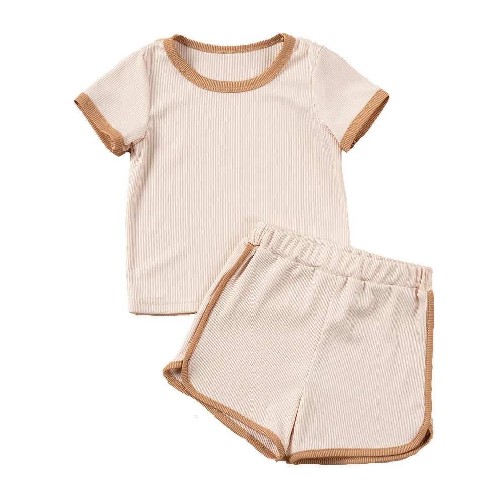 Boys Girls Ribbed Summer Outfit Set Toddler Short Sleeve TShirt Shorts Children 2Pcs Clothes Set Korean 16Y 240618
