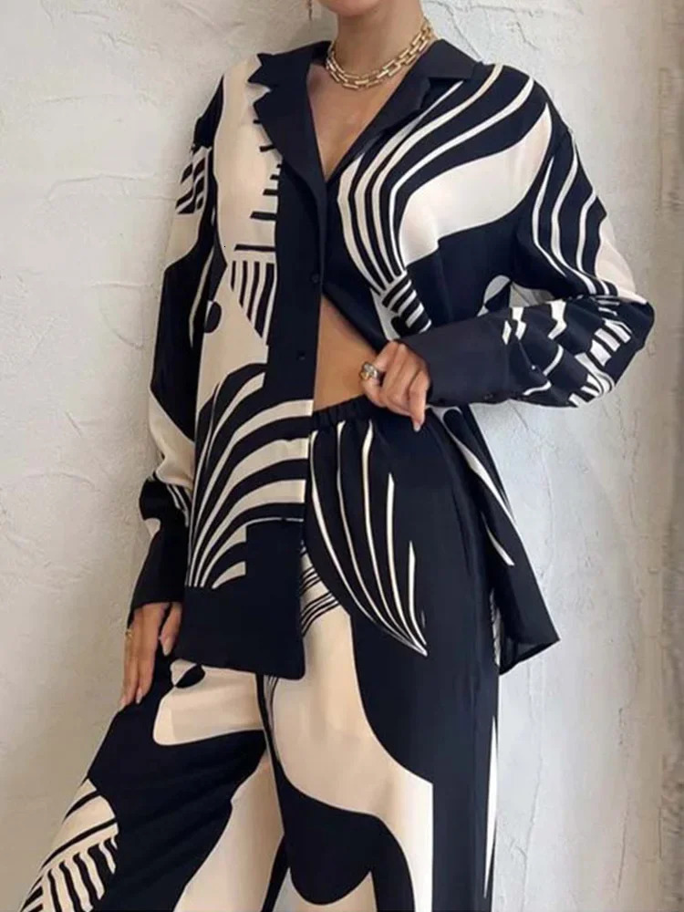 Printed Long Sleeve Shirt Tops Wide Leg Pants Set Casual Vacation Women Two Piece Outfits 240627