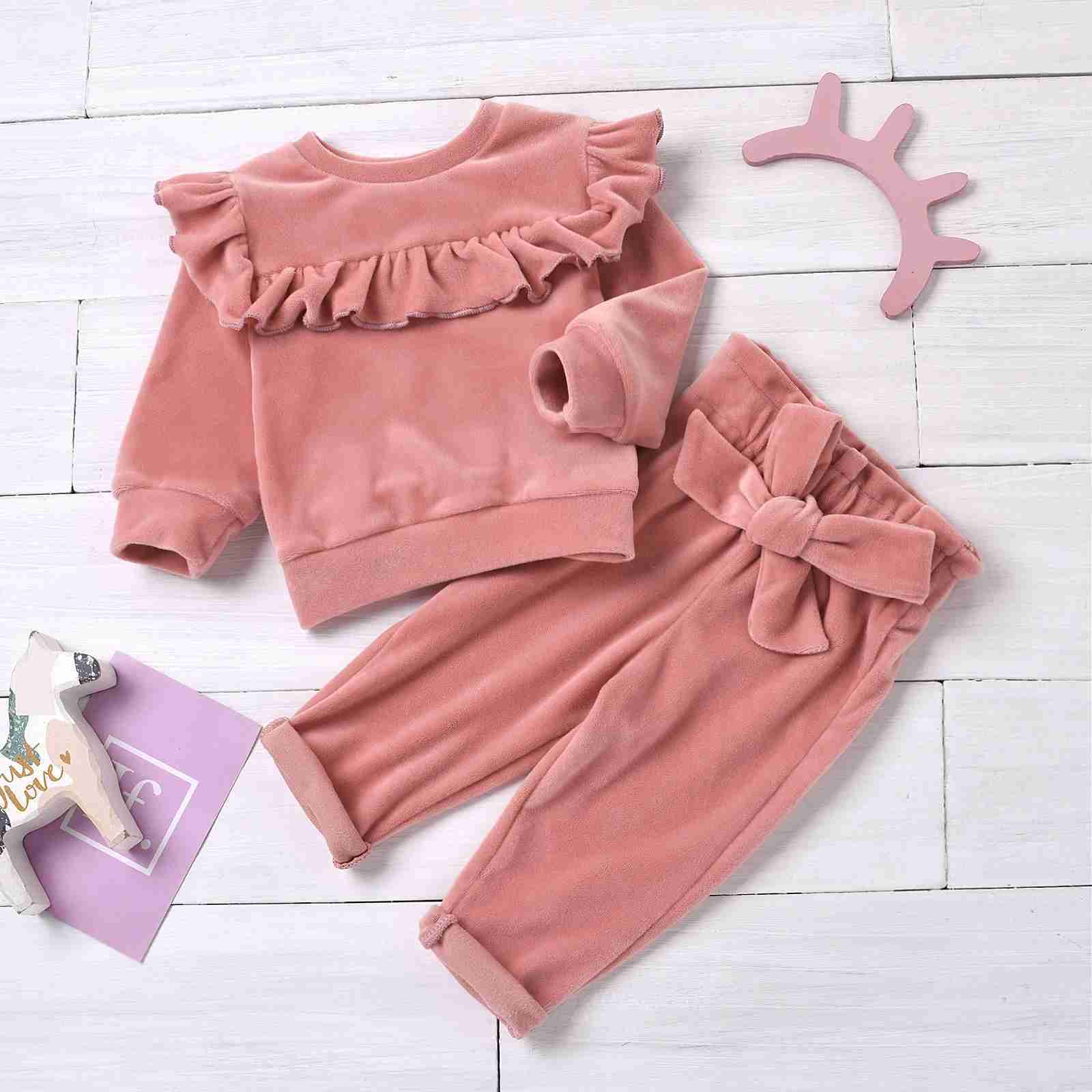Pajamas 2PC Solid Pink Flight Sleeves for Boys and Girls in Autumn and Winter Season Solid Trousers with Bow WX5.31