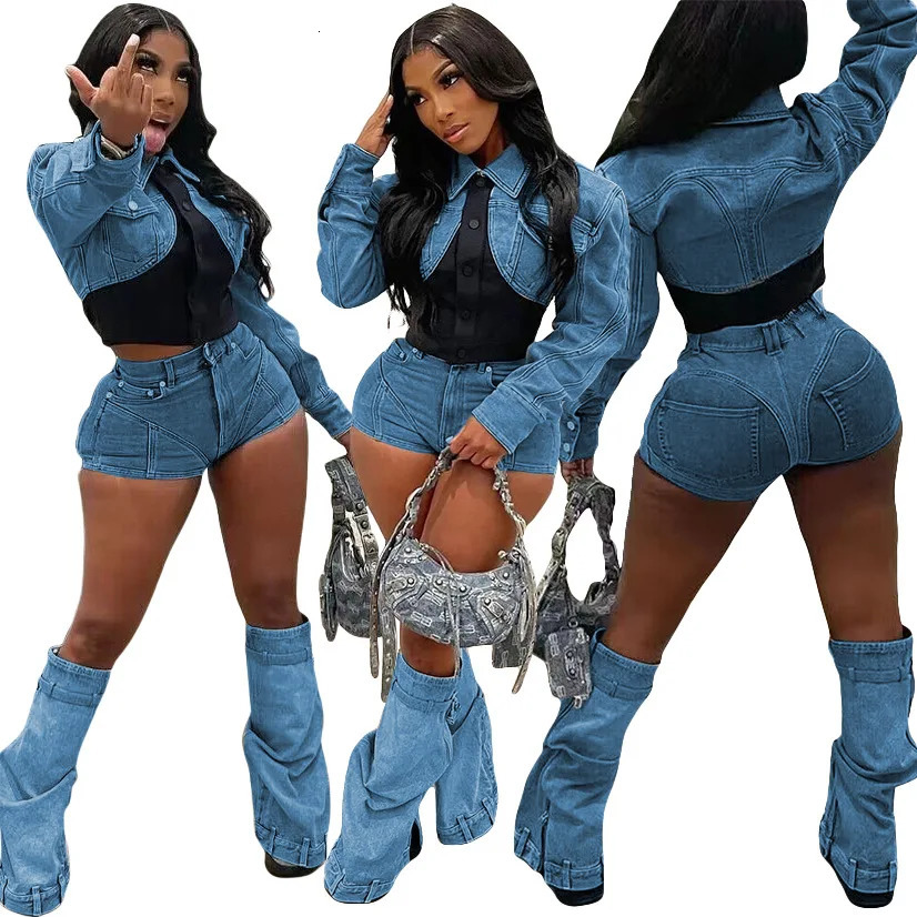 Sexy Denim Jean 2 Piece Matching Pant Set Outfits Summer Women Clothes Y2K Biker Shorts Suits Sets Cropped Tops Tracksuit 240627