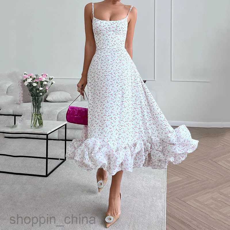 Basic Casual Women Dresses Summer Fashionable New Sling Low Neck Sleeveless Waist Wrap Printed Large Swing Skirt Women's Long Dress