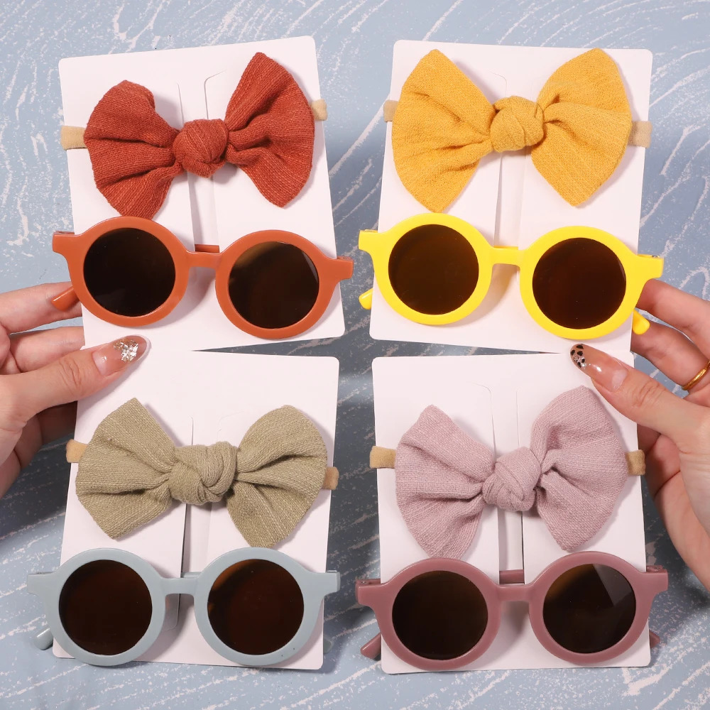 2PcsPack Vintage Kids Summer Bows Headband Round Sunglasses Children Sun Glasses Protection Baby Hair Accessories 240625