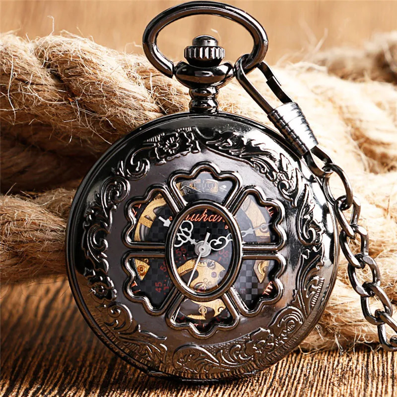 Steampunk Hollow Out Flower Case Men Women Handwinding Mechanical Pocket Watch Roman Number FOB Pendant Chain Relgio de bolso 240626