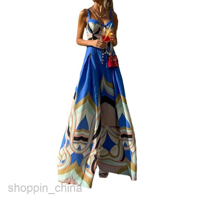 Basic Casual Women Dresses Fashionable women's clothing new sexy camisole loose printed button up jumpsuit