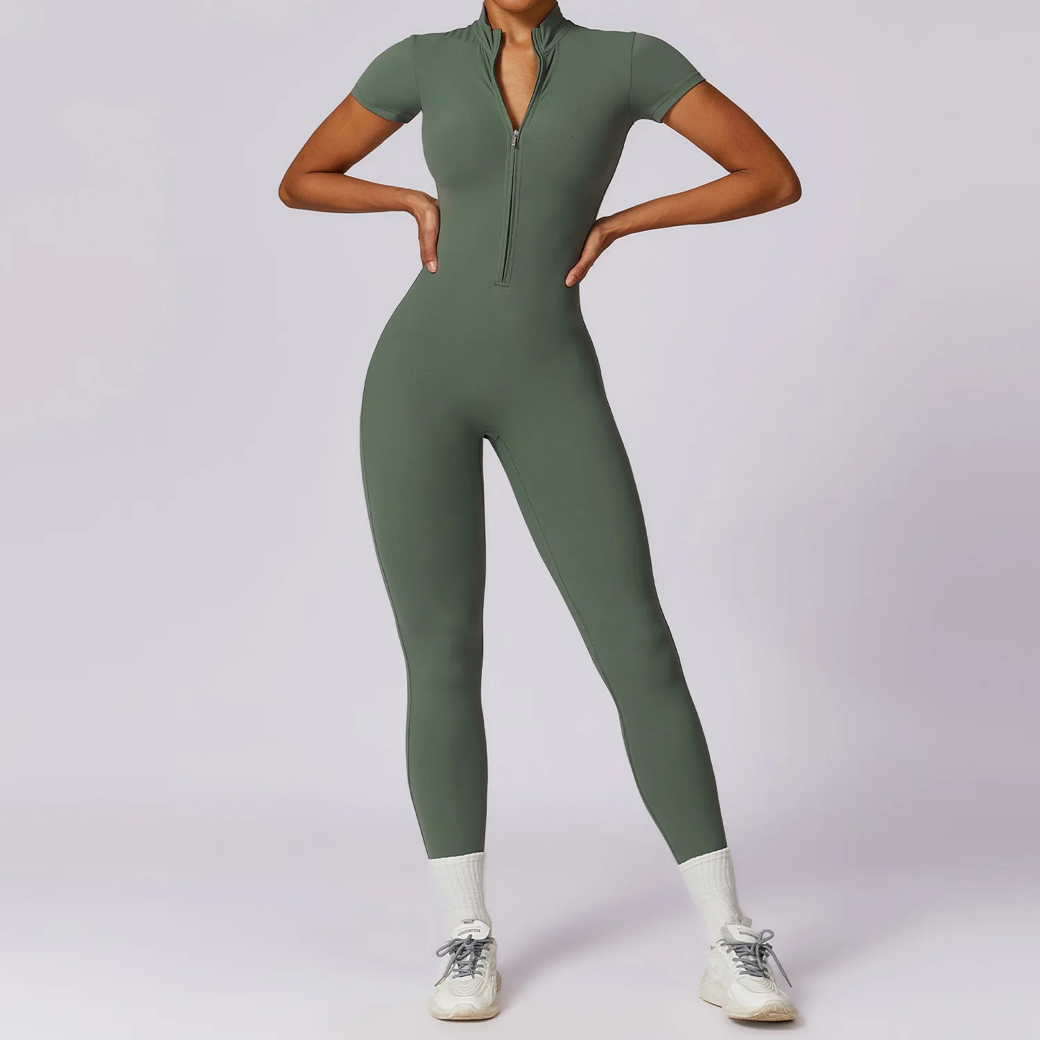 HGC Yoga Jumpsuit Women Zipper Short Sleeve one piece Gym suit Fitness Set Comfort Workout Romper Elastic Siamese Sportswear 240627
