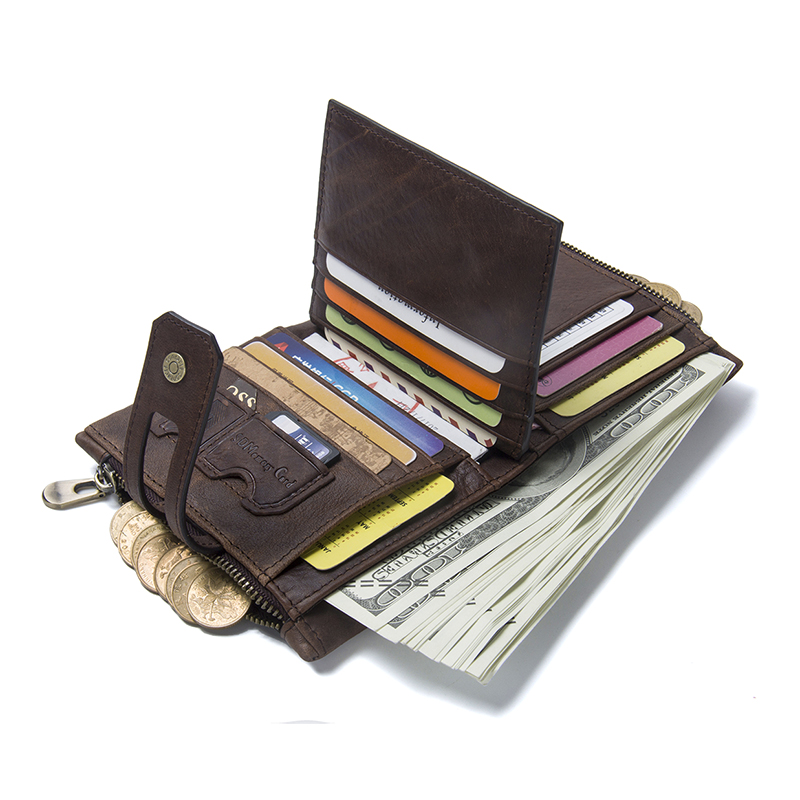 CONTACT'S Genuine Leather Wallets for Men Short Bifold Casual Men's Wallet Zipper Coin Purses Card Holder Money Clip Men Wallet