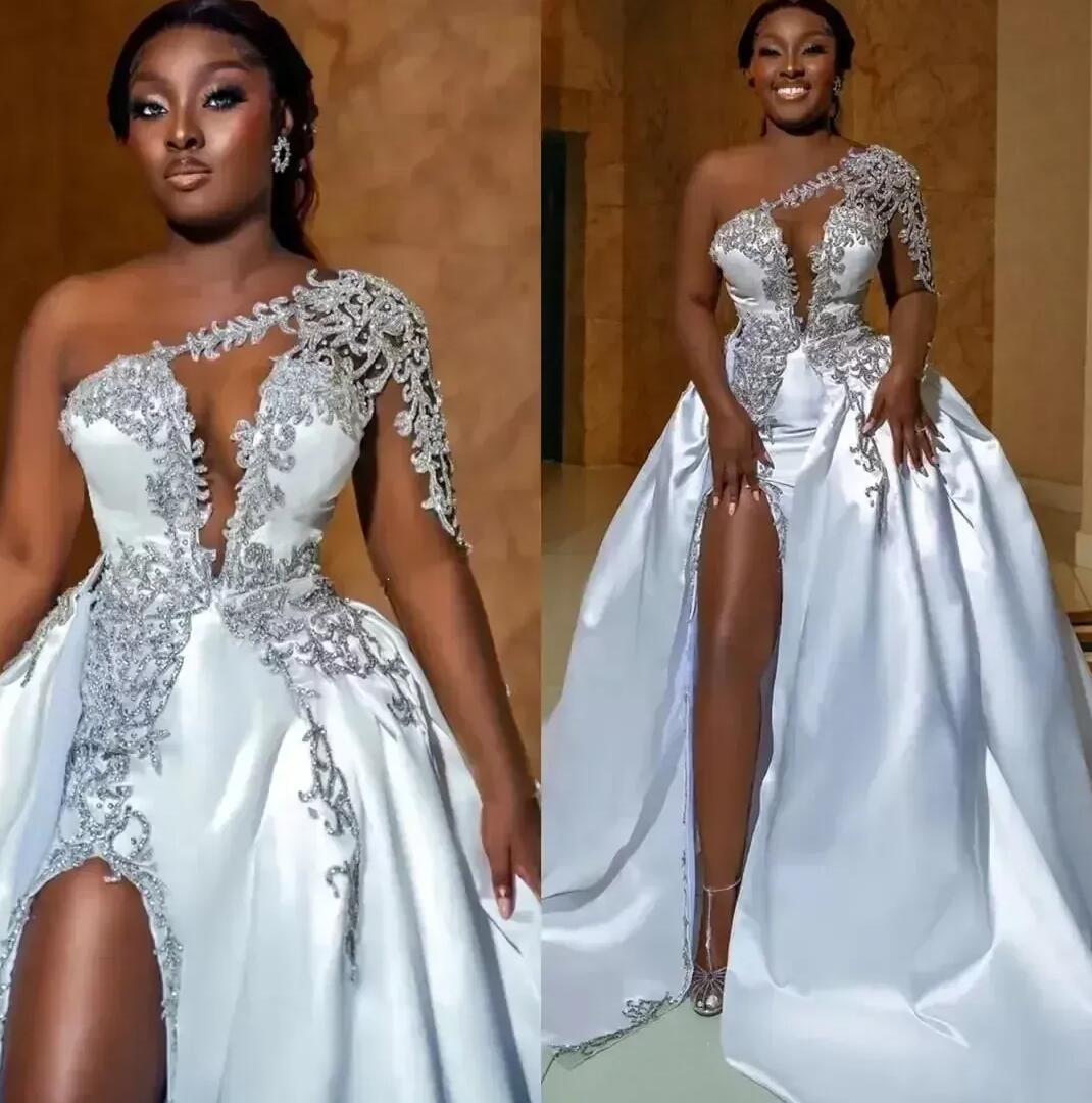 ASO EBI African Sexy High Split Wedding Dresses A Line One Shoulder Beaded Appliques Keyhole Neck Slit Bridal Gowns Plus Size Robes Custom Made BC1487