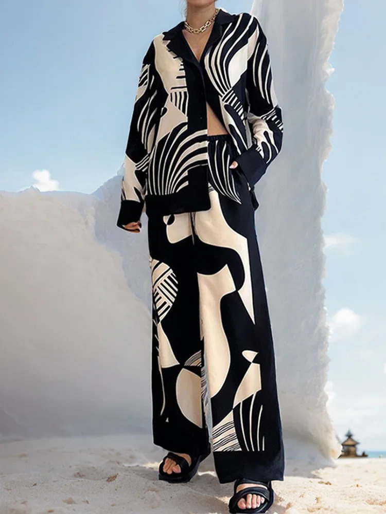 Printed Long Sleeve Shirt Tops Wide Leg Pants Set Casual Vacation Women Two Piece Outfits 240627