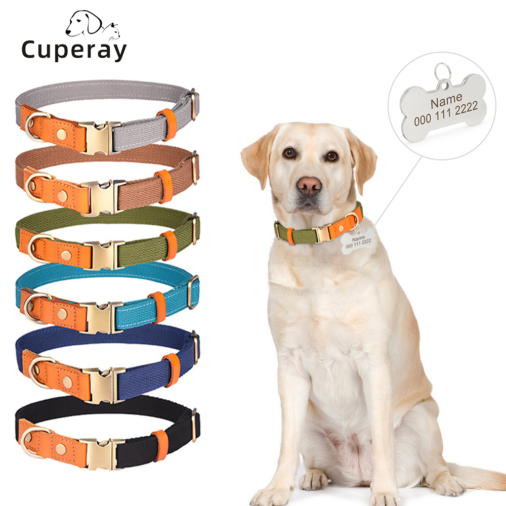 Leather Personalized Dog Collar with Pet ID Tag, Pet Collar Adjustable Poly Fabric Durable Strong for Small Medium Large Dogs