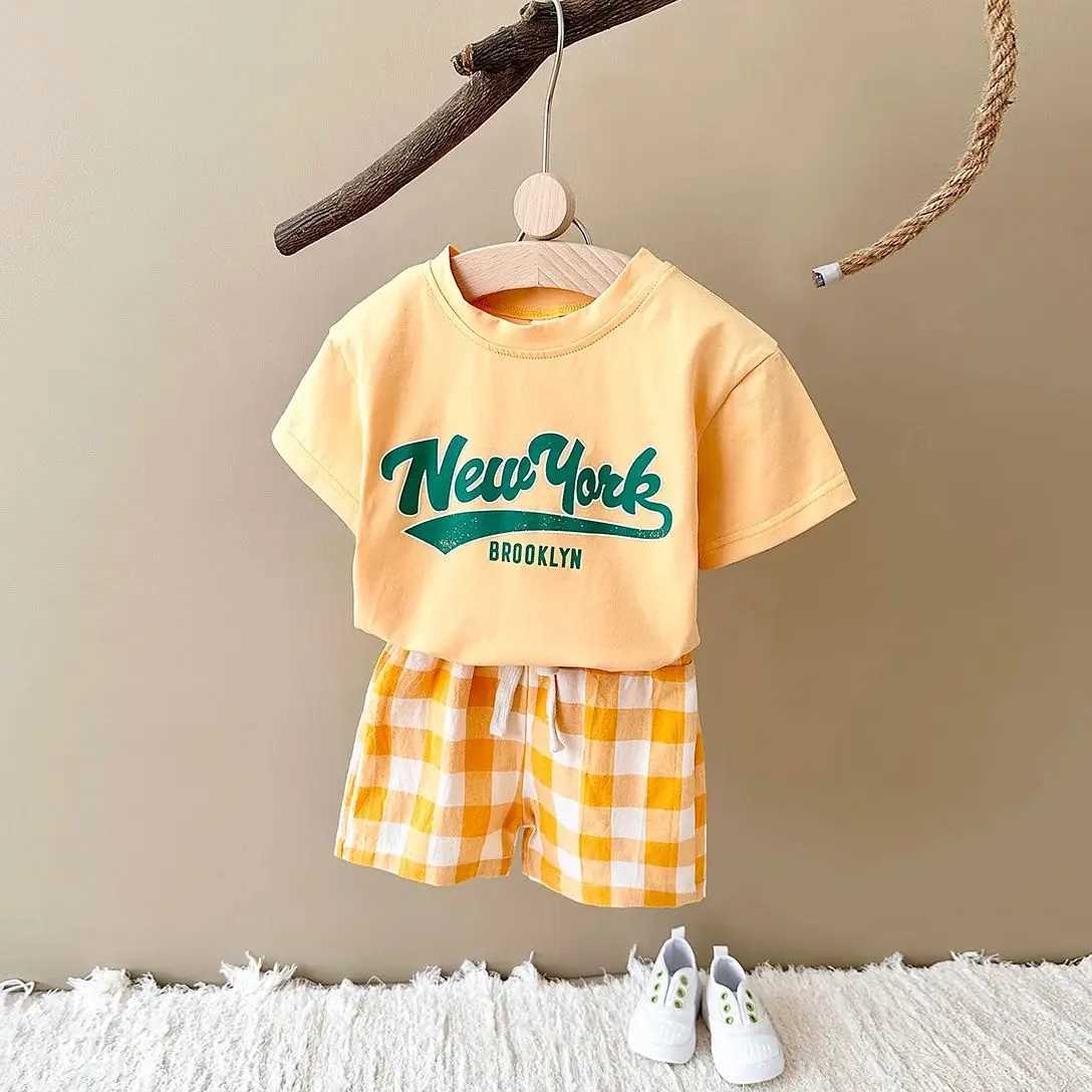 Pajamas 2024 New Baby Boys Clothing 2-piece Infant and Toddler Set New York T-shirt+Checkered Shorts Newborn Baby Girls Clothing 0-3Y WX5.31