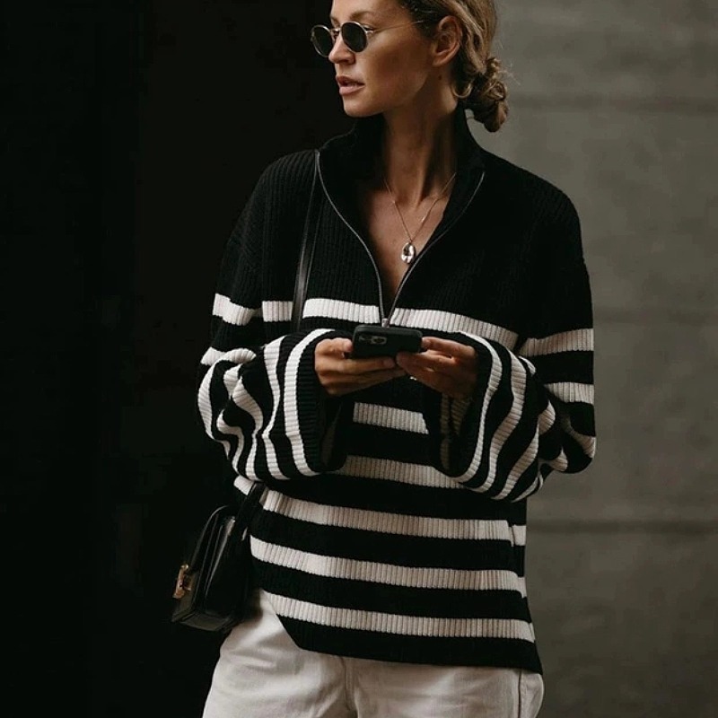 Autumn winter new black and white striped semi-turtleneck zipper 100% cashmere coat women's loose lapel sweaterF6.28#51