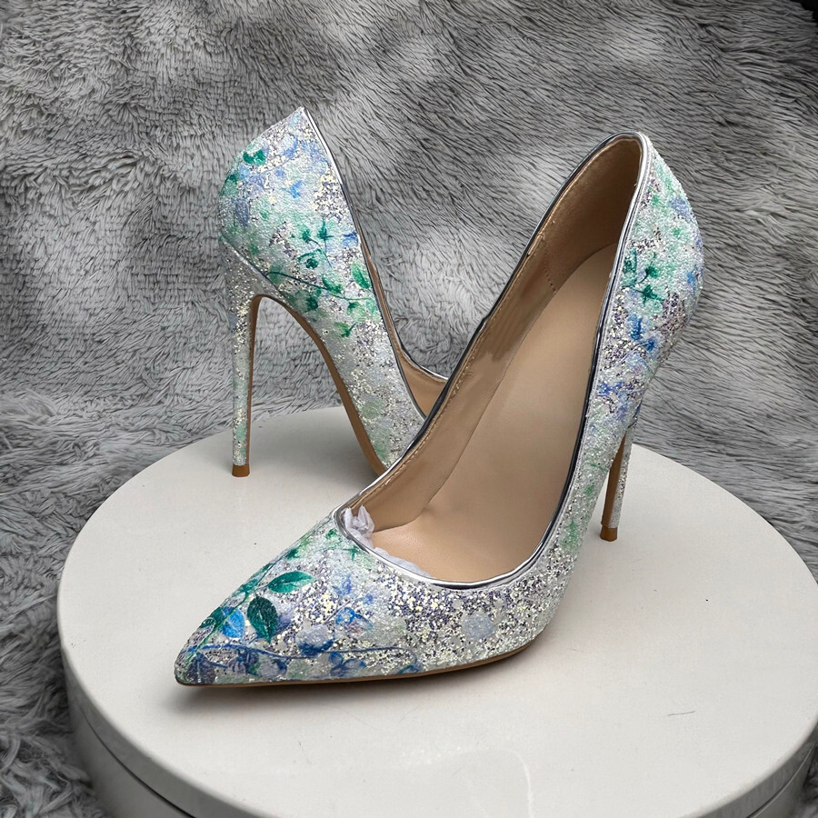 Noenname_Null- Wedding 2024 New Sier Rhinestone Sequined High Heels Female Stiletto Bridal Shoes 12Cm