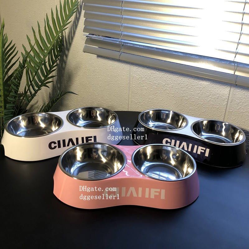 Designer Dog Bowls Double Dog Water and Food Bowls Stainless Steel Bowls with Non-Slip Resin Station, Pet Feeder Bowls for Puppy Medium Dogs Cats Pink J09