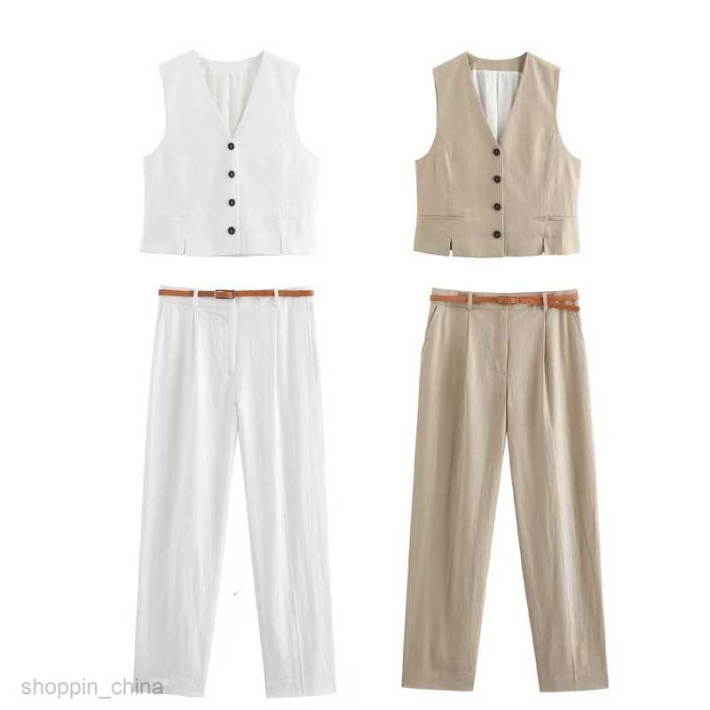 Women's Two Piece Sets Pants Summer New Women's V-neck Slim Fit Vest+Belt and Pants Set F6414